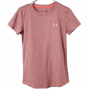 Under Armour Heat Gear Workout Athletic Running Shirt Striped Pink Gray